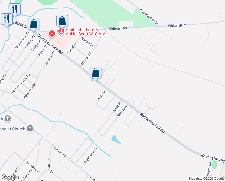 map of restaurants, bars, coffee shops, grocery stores, and more near 79 Rochester Hill Road in Rochester