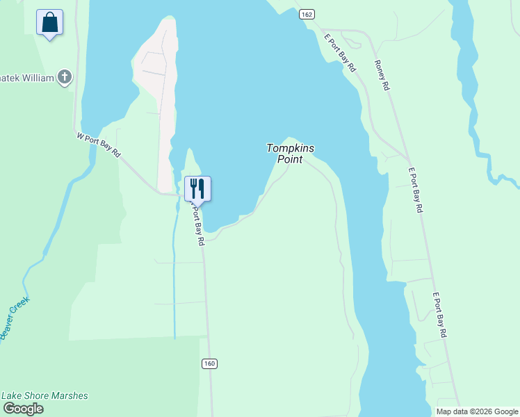 map of restaurants, bars, coffee shops, grocery stores, and more near 11726 Tompkins Point Road in Wolcott