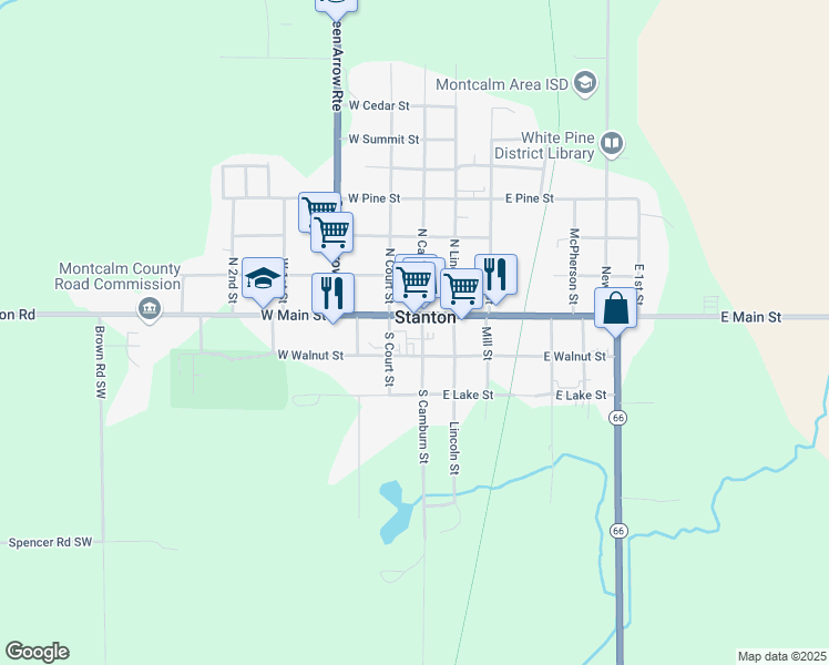map of restaurants, bars, coffee shops, grocery stores, and more near 109 West Walnut Street in Stanton