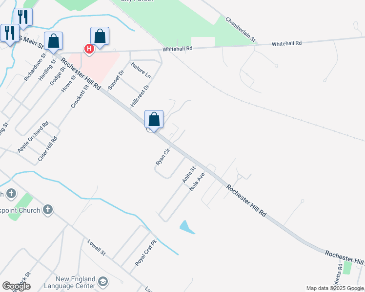 map of restaurants, bars, coffee shops, grocery stores, and more near 79 Rochester Hill Road in Rochester