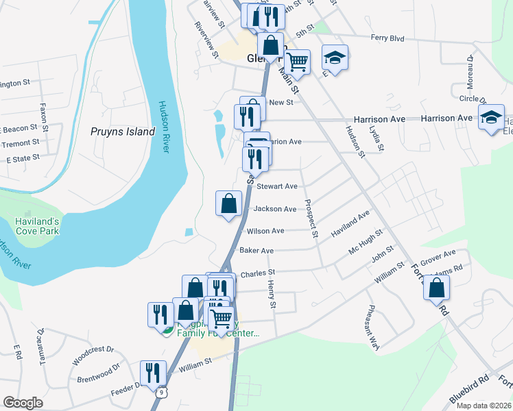 map of restaurants, bars, coffee shops, grocery stores, and more near 1 Jackson Avenue in South Glens Falls