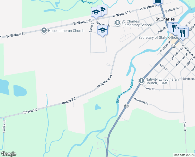 map of restaurants, bars, coffee shops, grocery stores, and more near 12220 Ithaca Road in Saint Charles