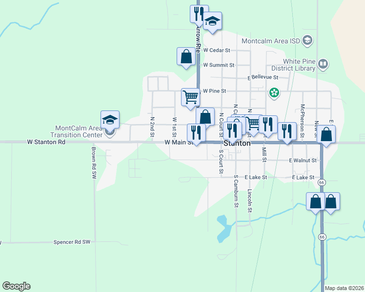 map of restaurants, bars, coffee shops, grocery stores, and more near 339 West Main Street in Stanton