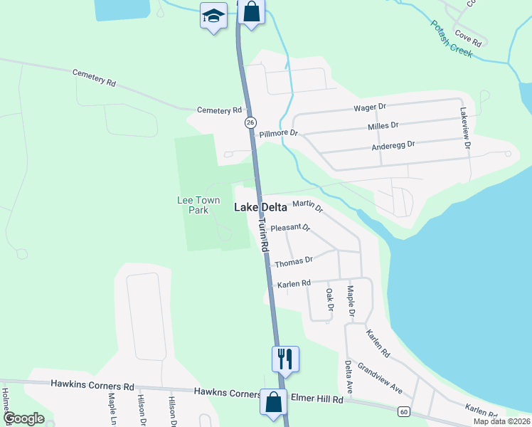 map of restaurants, bars, coffee shops, grocery stores, and more near in Lake Delta
