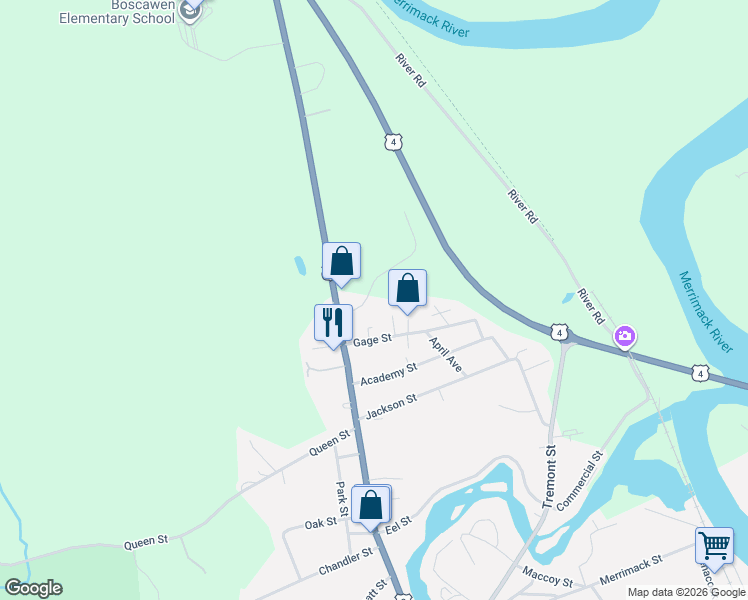 map of restaurants, bars, coffee shops, grocery stores, and more near 160 North Main Street in Boscawen