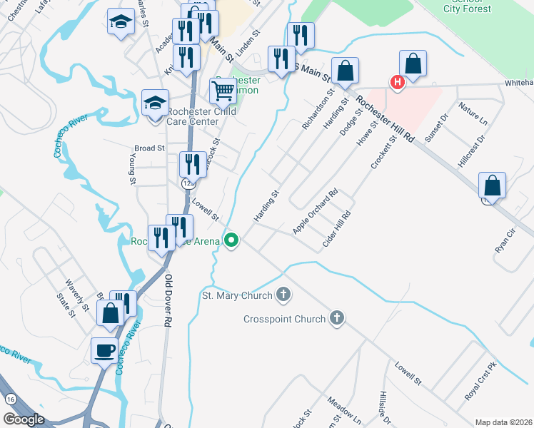 map of restaurants, bars, coffee shops, grocery stores, and more near 52 Harding Street in Rochester