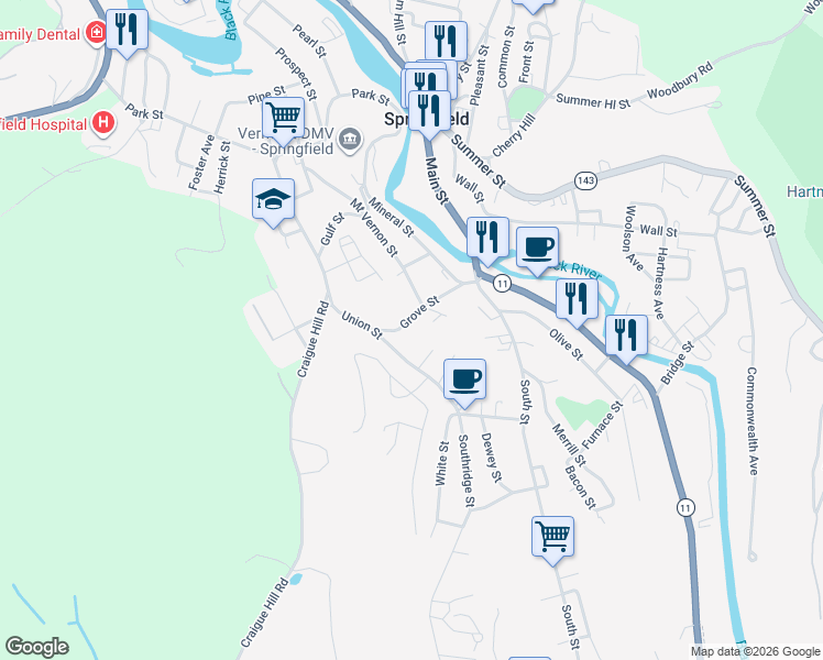 map of restaurants, bars, coffee shops, grocery stores, and more near 54 Grove Street in Springfield