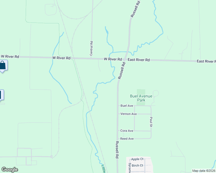 map of restaurants, bars, coffee shops, grocery stores, and more near 2051 Russell Road in Muskegon
