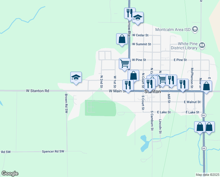 map of restaurants, bars, coffee shops, grocery stores, and more near 416 West Main Street in Stanton