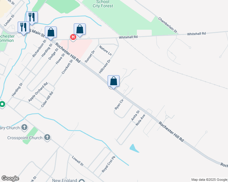 map of restaurants, bars, coffee shops, grocery stores, and more near 65 Rochester Hill Road in Rochester