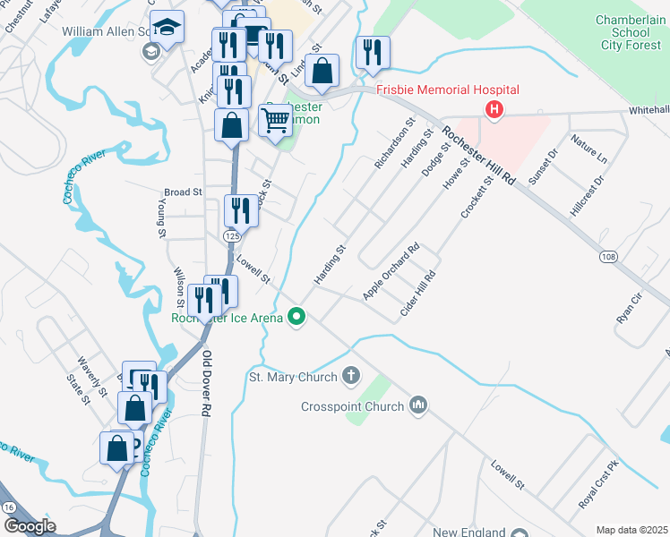 map of restaurants, bars, coffee shops, grocery stores, and more near 52 Harding Street in Rochester