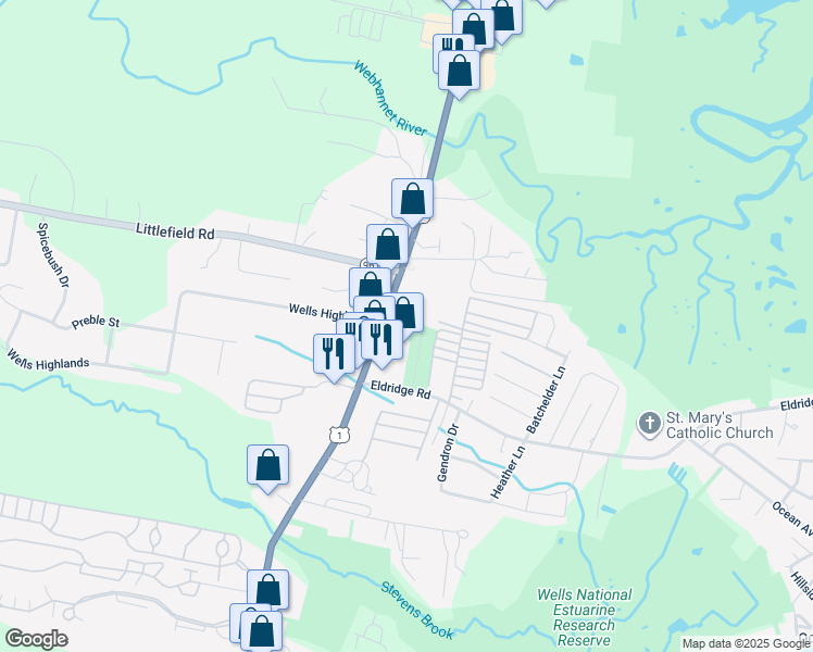 map of restaurants, bars, coffee shops, grocery stores, and more near 14 North Street in Wells