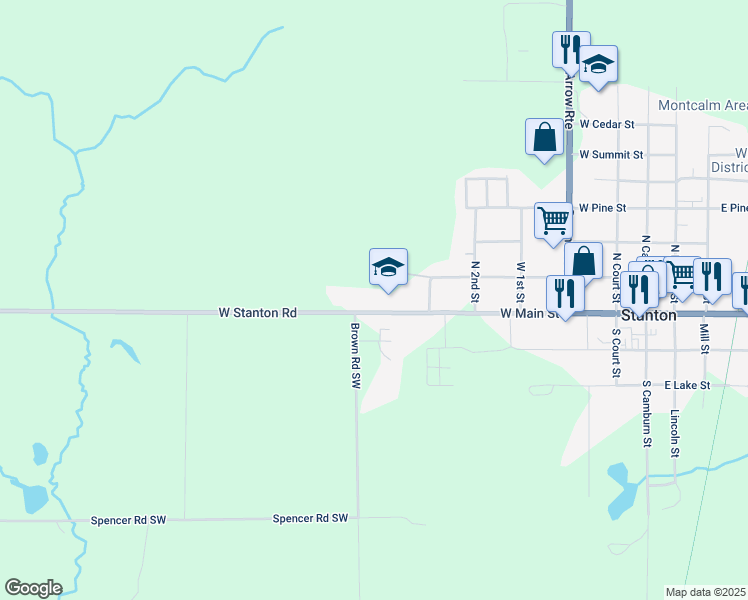 map of restaurants, bars, coffee shops, grocery stores, and more near 636 West Main Street in Stanton