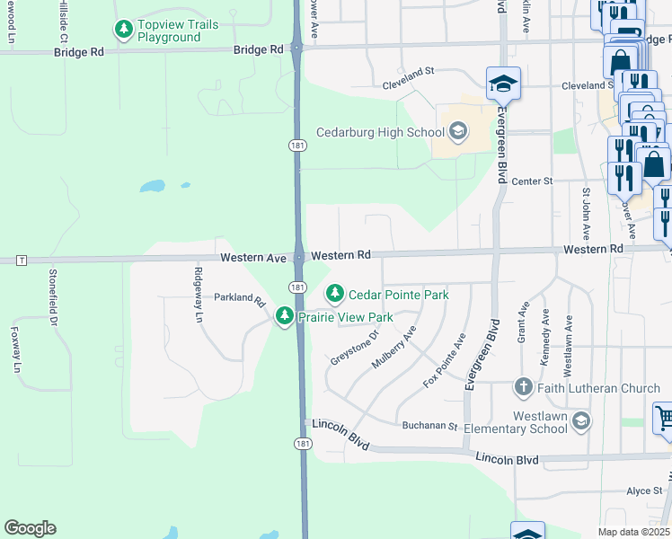 map of restaurants, bars, coffee shops, grocery stores, and more near 7421 Western Road in Cedarburg