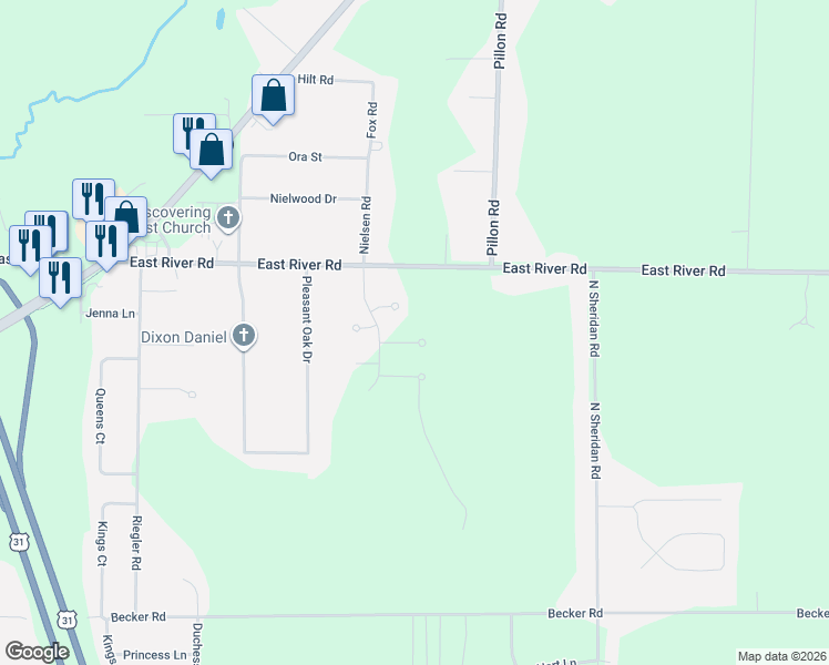 map of restaurants, bars, coffee shops, grocery stores, and more near 2084 Sassafras Circle in Muskegon