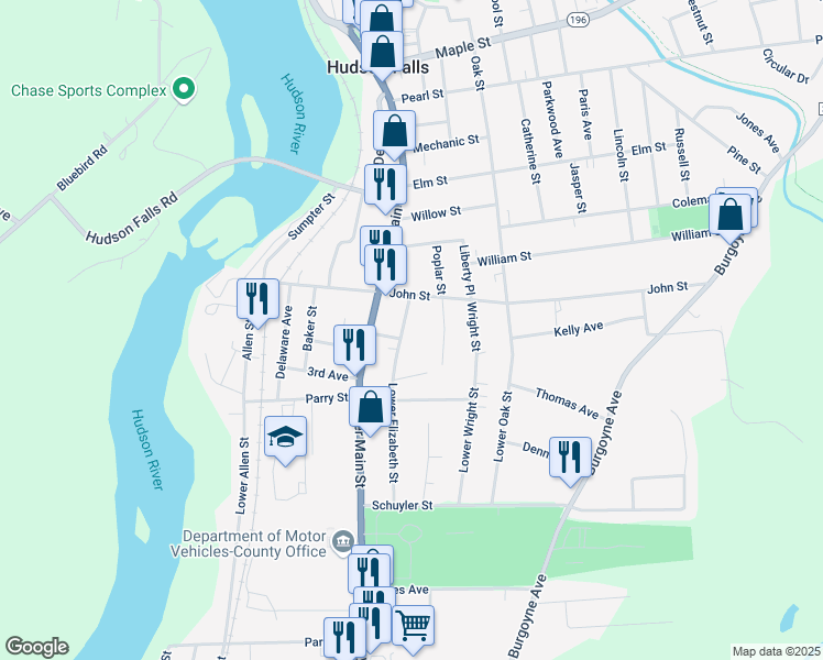map of restaurants, bars, coffee shops, grocery stores, and more near 18 Elizabeth Street in Hudson Falls