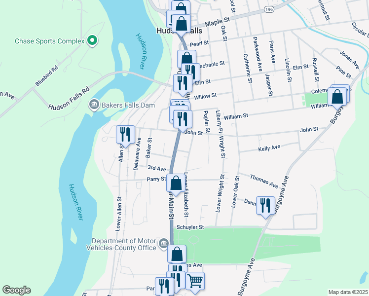 map of restaurants, bars, coffee shops, grocery stores, and more near 5 Washington Street in Hudson Falls