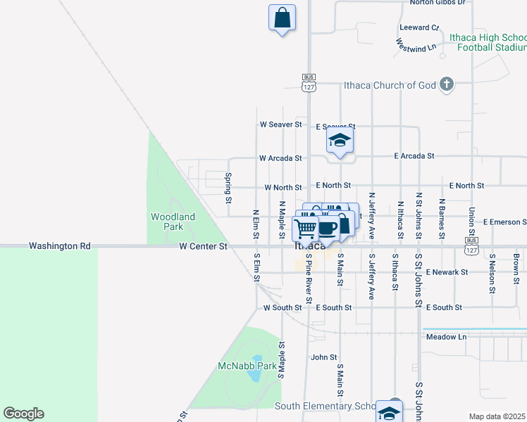 map of restaurants, bars, coffee shops, grocery stores, and more near 220 West Emerson Street in Ithaca