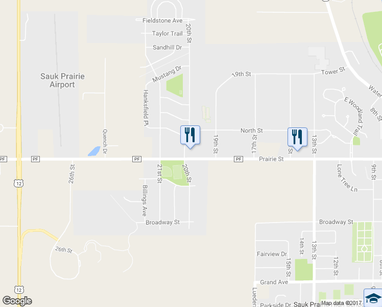 map of restaurants, bars, coffee shops, grocery stores, and more near County Road PF in Prairie du Sac