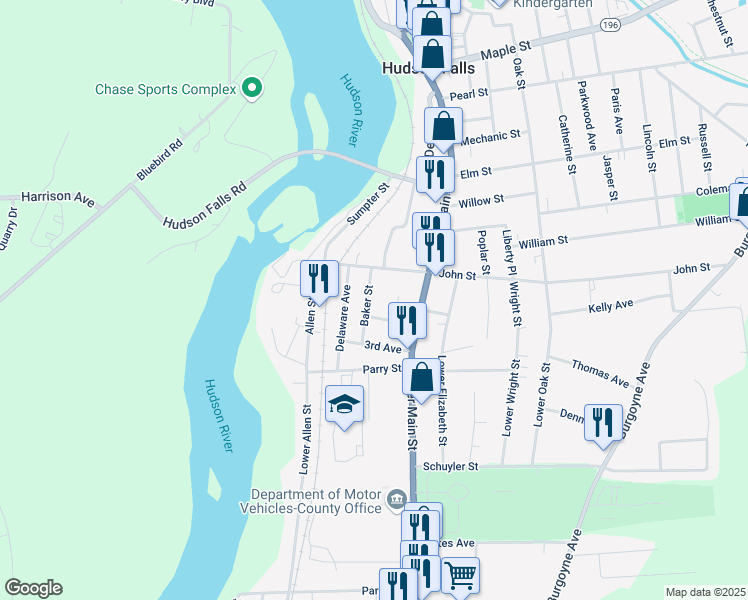 map of restaurants, bars, coffee shops, grocery stores, and more near 14 Baker Street in Hudson Falls