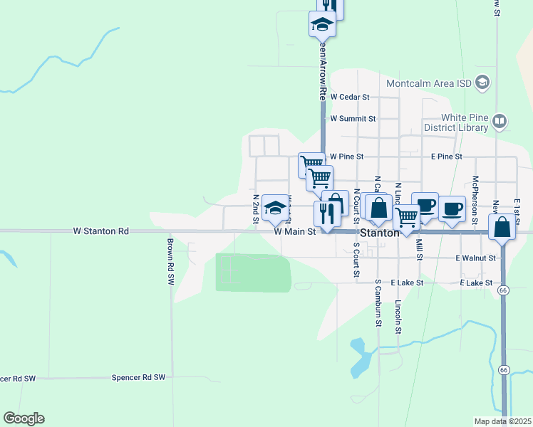 map of restaurants, bars, coffee shops, grocery stores, and more near 416 West Main Street in Stanton