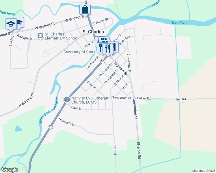 map of restaurants, bars, coffee shops, grocery stores, and more near 416 West Flint Street in Saint Charles