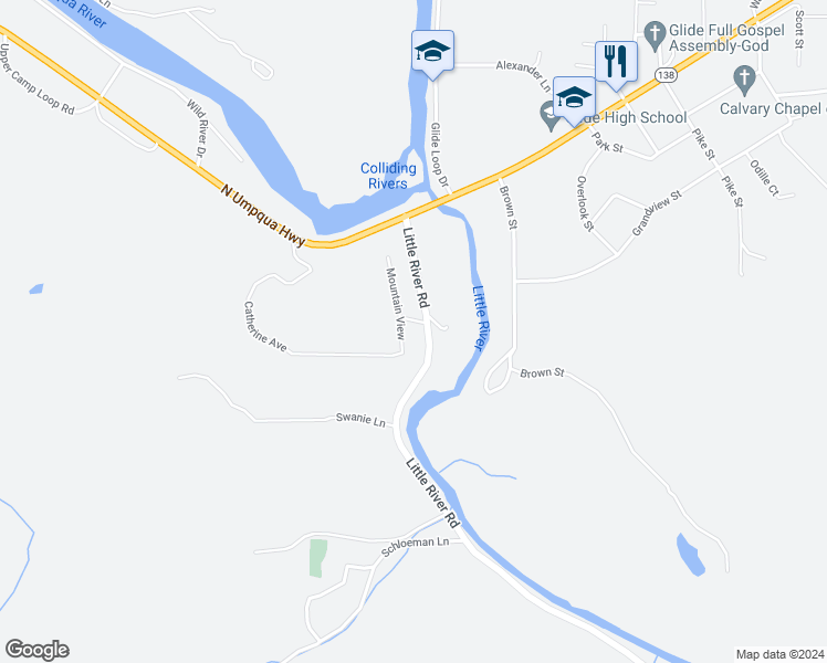 map of restaurants, bars, coffee shops, grocery stores, and more near 101 Mountain View in Glide