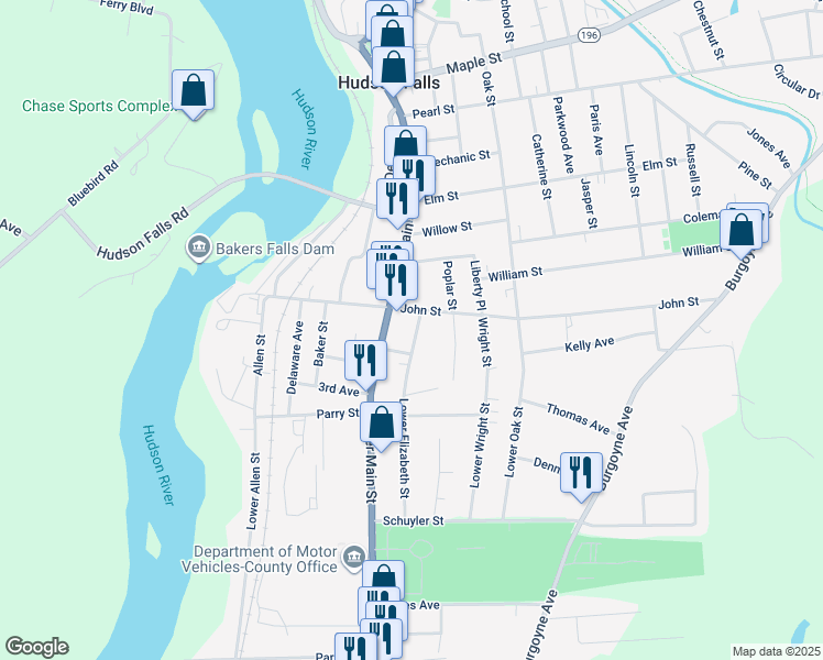 map of restaurants, bars, coffee shops, grocery stores, and more near 5 Washington Street in Hudson Falls