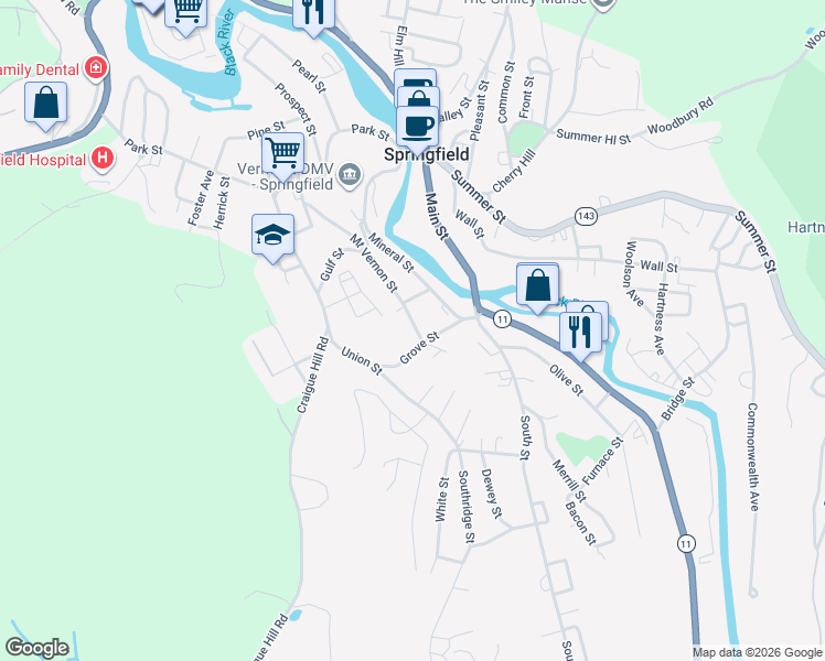 map of restaurants, bars, coffee shops, grocery stores, and more near 54 Grove Street in Springfield