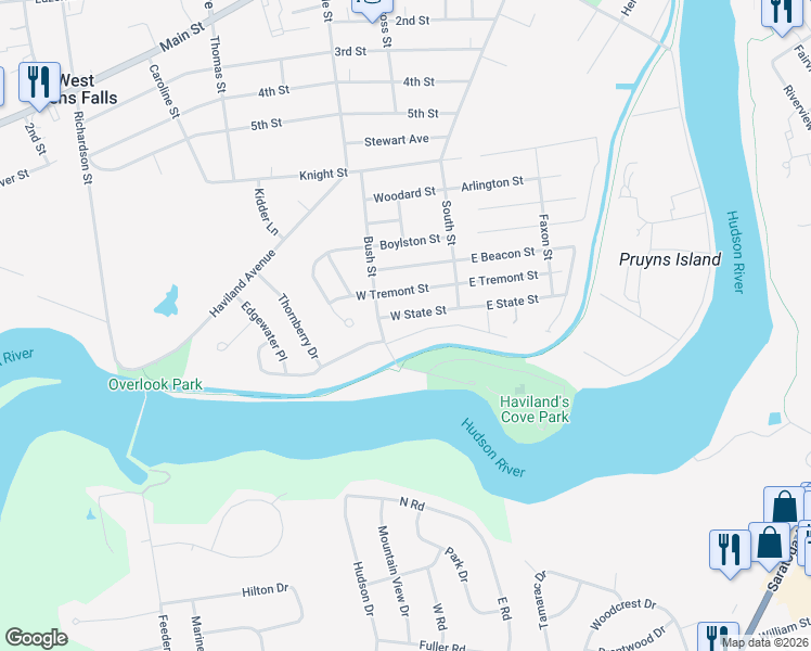 map of restaurants, bars, coffee shops, grocery stores, and more near 12 Parkview Lane in Glens Falls