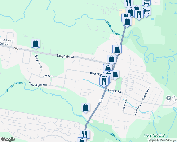 map of restaurants, bars, coffee shops, grocery stores, and more near 23 Hershey Lane in Wells