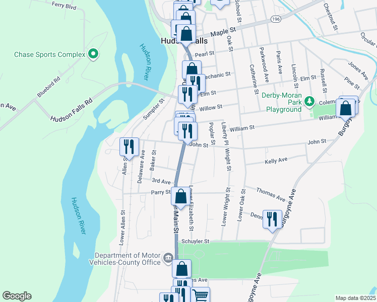 map of restaurants, bars, coffee shops, grocery stores, and more near 44 Main Street in Hudson Falls