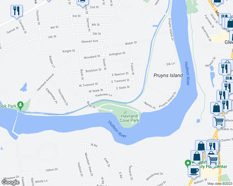 map of restaurants, bars, coffee shops, grocery stores, and more near 14 Exeter Street in Glens Falls