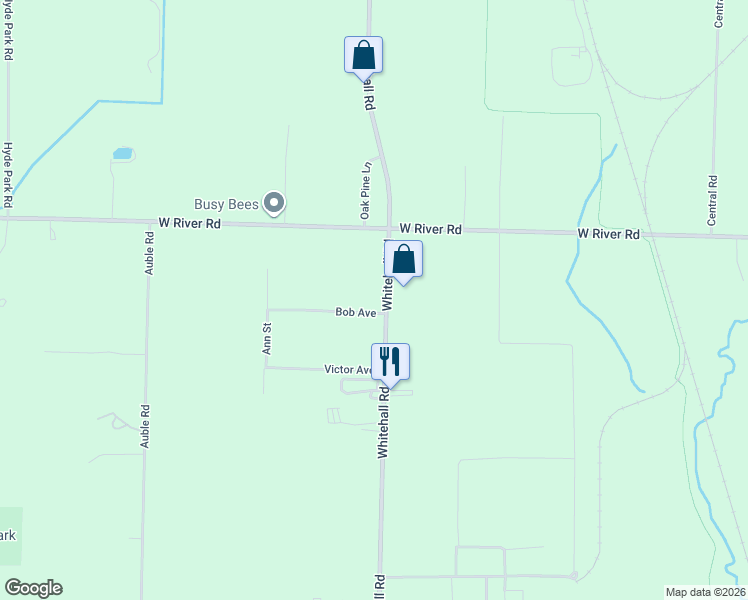 map of restaurants, bars, coffee shops, grocery stores, and more near 2127 Whitehall Road in Muskegon