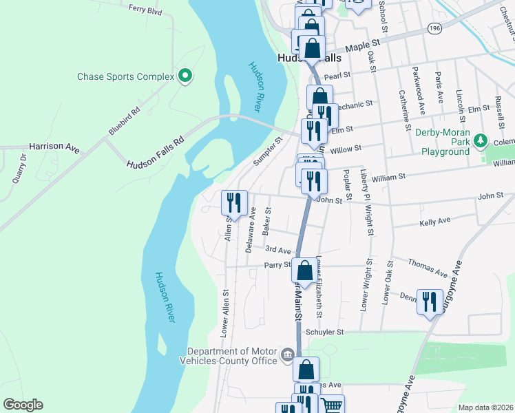 map of restaurants, bars, coffee shops, grocery stores, and more near 41 John Street in Hudson Falls