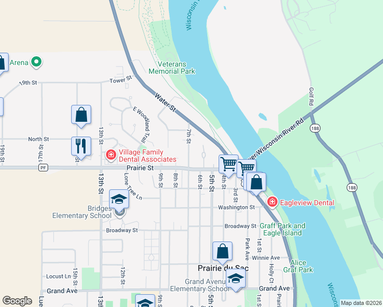 map of restaurants, bars, coffee shops, grocery stores, and more near 753 7th Street in Prairie du Sac