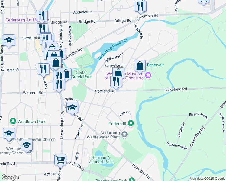 map of restaurants, bars, coffee shops, grocery stores, and more near 503 Highland Drive in Cedarburg