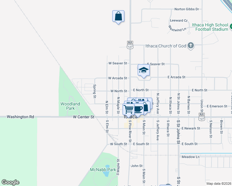 map of restaurants, bars, coffee shops, grocery stores, and more near 128 West North Street in Ithaca