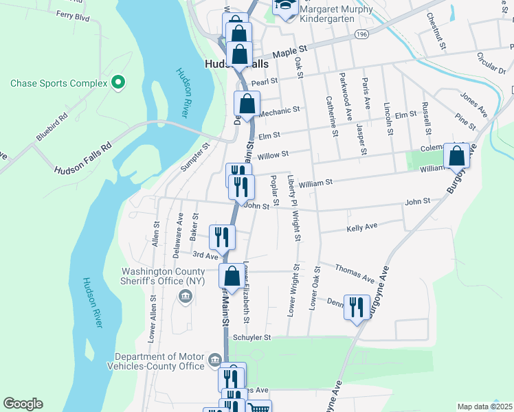 map of restaurants, bars, coffee shops, grocery stores, and more near John Street & Elizabeth Street in Hudson Falls