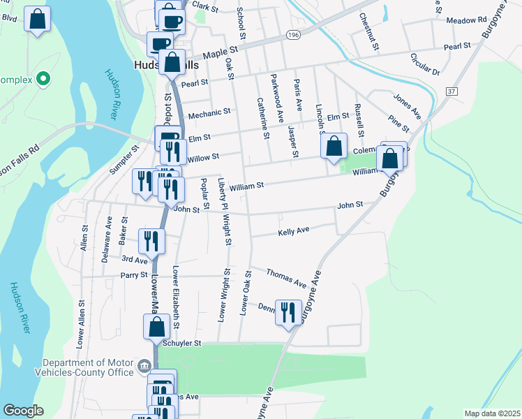 map of restaurants, bars, coffee shops, grocery stores, and more near 117 John Street in Hudson Falls
