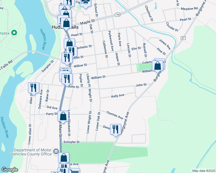 map of restaurants, bars, coffee shops, grocery stores, and more near 117 John Street in Hudson Falls