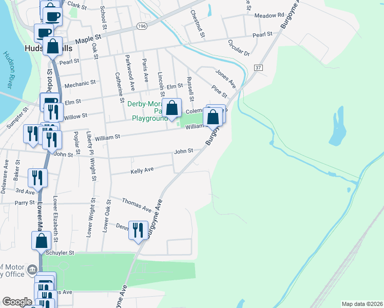 map of restaurants, bars, coffee shops, grocery stores, and more near 2337 Burgoyne Avenue in Hudson Falls