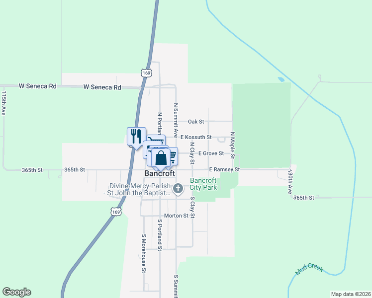 map of restaurants, bars, coffee shops, grocery stores, and more near 208 North Clay Street in Bancroft