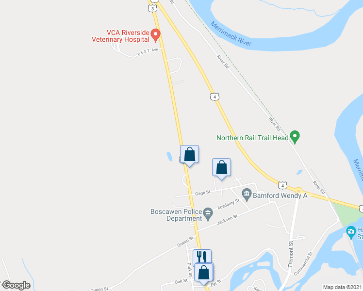 map of restaurants, bars, coffee shops, grocery stores, and more near 169 North Main Street in Boscawen