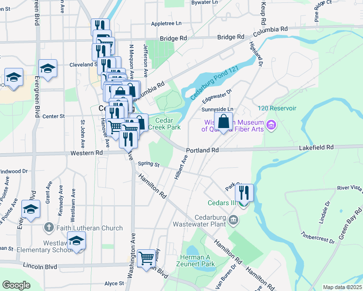 map of restaurants, bars, coffee shops, grocery stores, and more near N51W5786 Portland Road in Cedarburg
