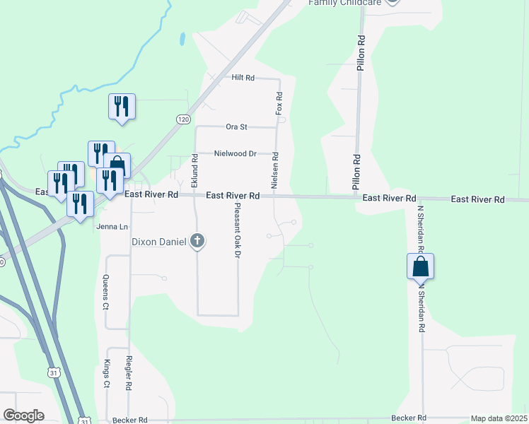 map of restaurants, bars, coffee shops, grocery stores, and more near 2051 East River Road in Muskegon