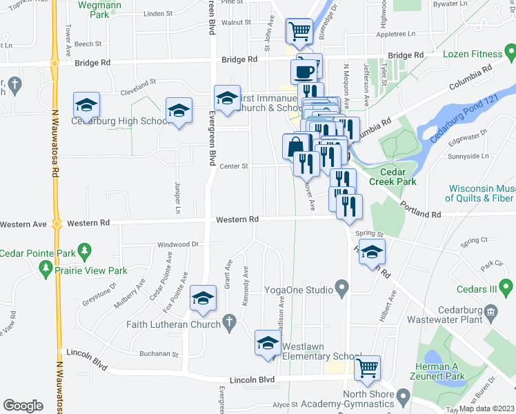 map of restaurants, bars, coffee shops, grocery stores, and more near W66N512 Madison Avenue in West Bend