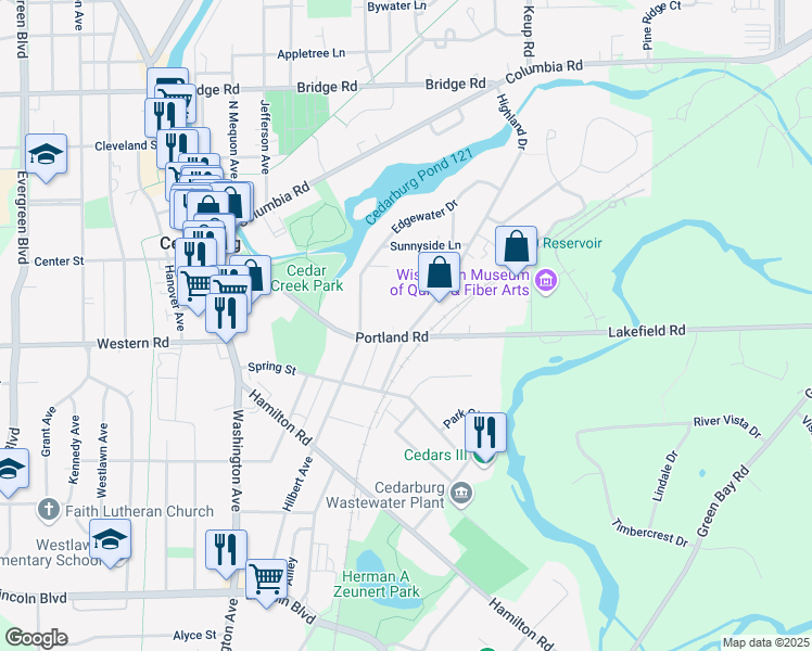 map of restaurants, bars, coffee shops, grocery stores, and more near 503 Highland Drive in Cedarburg