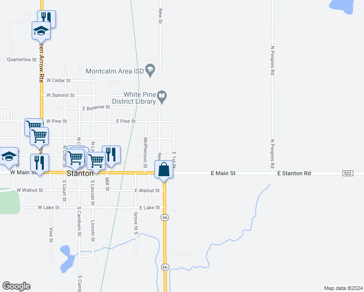 map of restaurants, bars, coffee shops, grocery stores, and more near 200 East 1st Street in Stanton