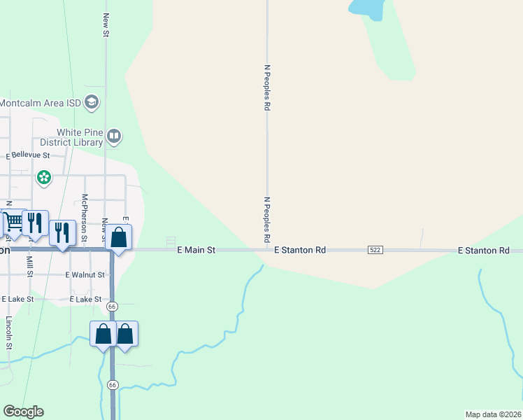 map of restaurants, bars, coffee shops, grocery stores, and more near 115 North Peoples Road in Stanton